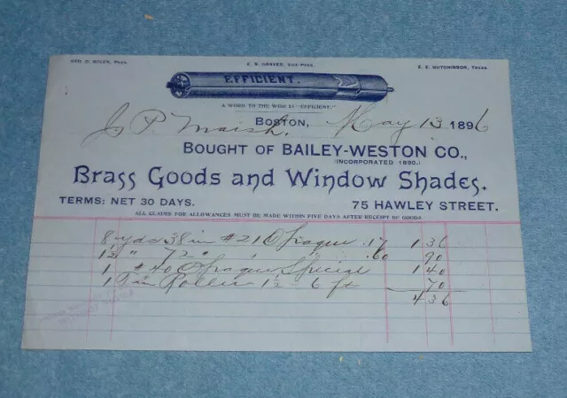 1896 Bailey-Weston Co. Brass Goods & Window Shades Boston MA Billhead