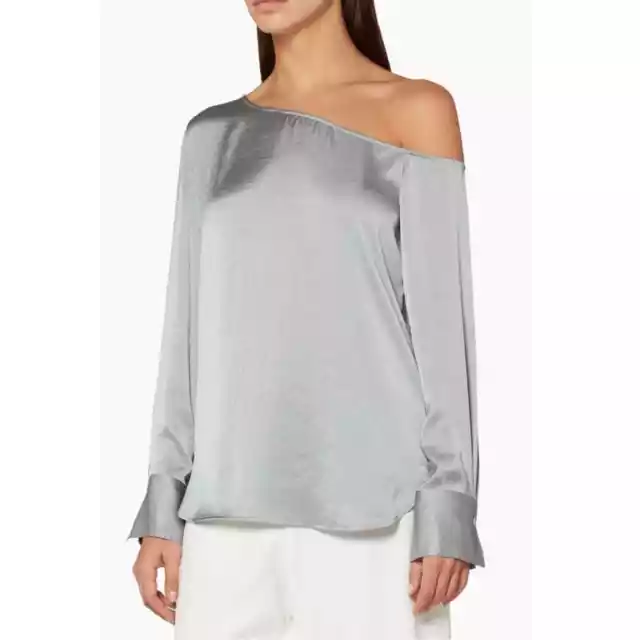 Theory Ulrika 2 Crushed Satin One Shoulder Blouse In Oregano Gray 2