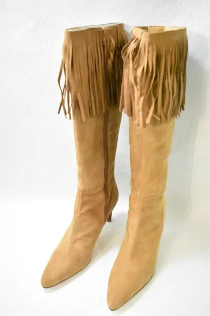 Amanda Smith Shoes Boots Tall Fringe High Heels Camel Suede Size 8.5 Women's New