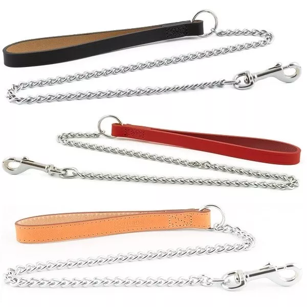 Ancol Dog Strong Chain Lead with Heavy Duty Comfy Leather Handle & Trigger Hook