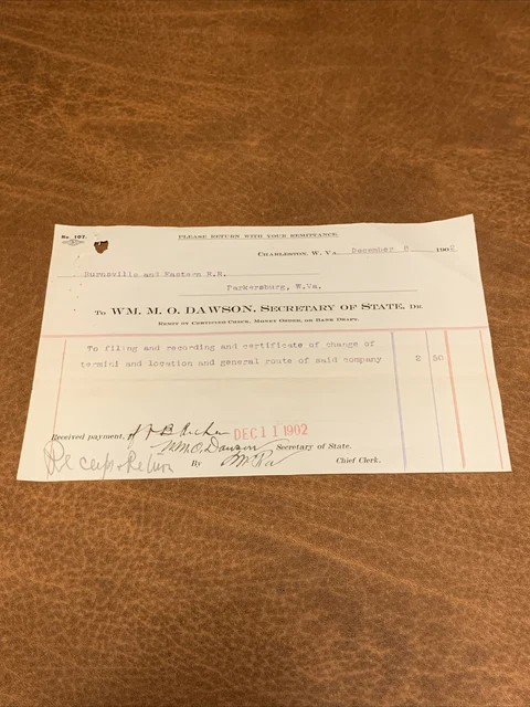 Rare - William M. O. Dawson Charleston West Virginia Document 1902 - Signed