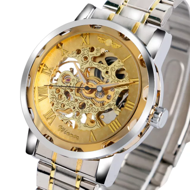 Mens Skeleton Wristwatch Mechanical Stainless Steel Strap Band Hollow Dial Watch