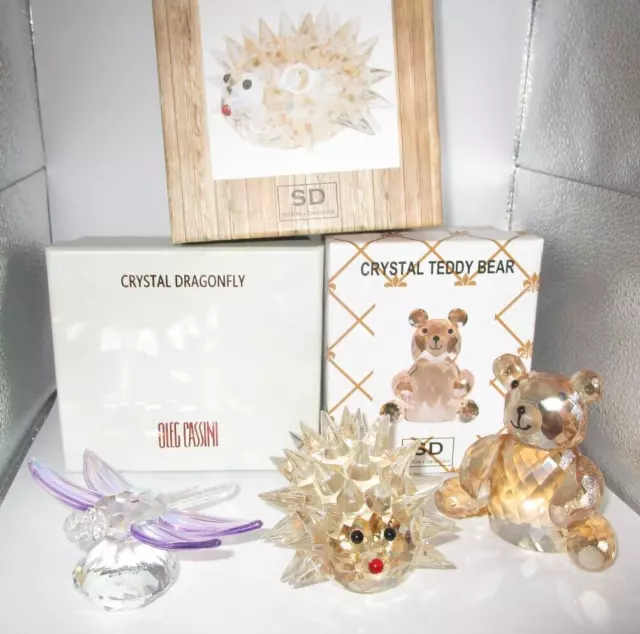 Lot 3 SD & Oleg Cassini Crystal Figurines Teddy Bear, Dragonfly, Hedgehog NEW