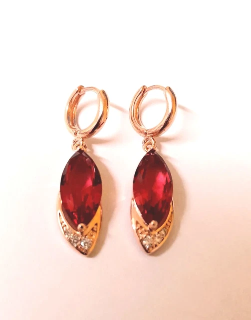 14Ct Yellow Gold  925 Sterling Silver Simulated Ruby Hoop Dangle Drop Earrings