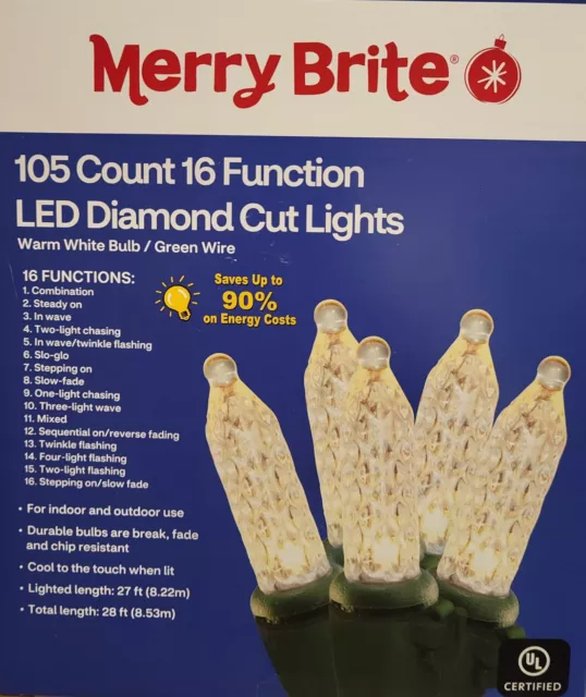 Merry Brite 105 Ct LED Warm White String Lights 16 Function Diamond Cut Bulb