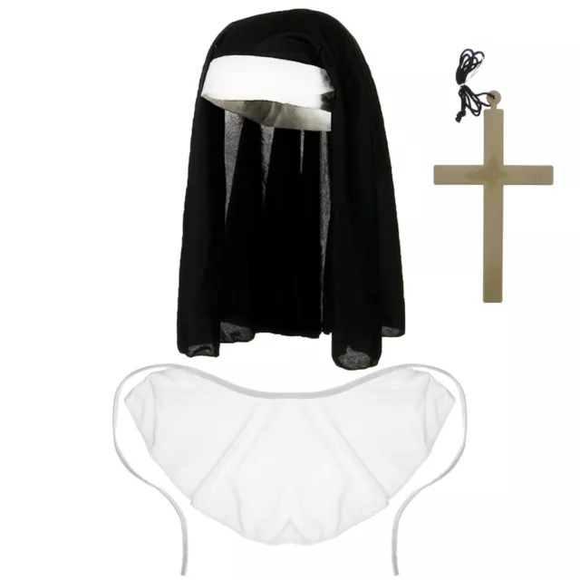 Womens/Ladies Halloween Nun Headpiece, Cross Necklace & Collar Accessories Set