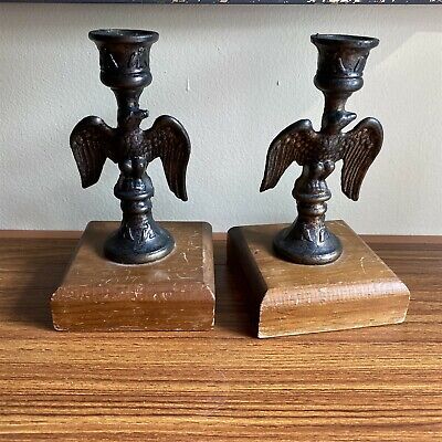 Vintage Eagle Candleholder Pair Heavy Brass with Wood Base 7" high Patriotic
