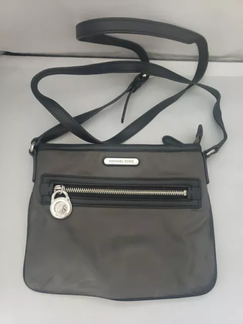 Michael Kors Kempton Dark Gray Canvas Black Leather Trim Crossbody Purse