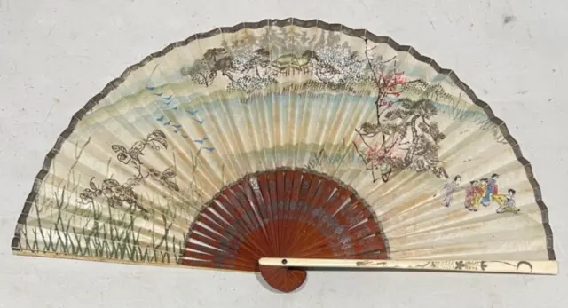 Vintage Japanese Hand Painted Fan, paper, wood & Cow Bone