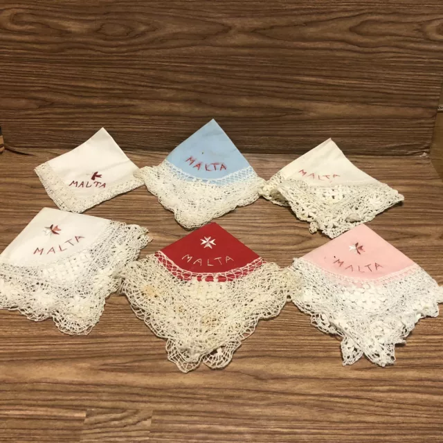 6 Antique Handkerchiefs MALTESE Lace Malta Assorted Colors Vintage 6 Antique Handkerchiefs MALTESE Lace Malta Assorted Colors Vintage