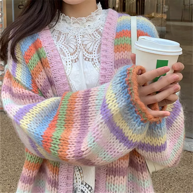 Women Rainbow Striped Cardigan Sweater Jumper Knitwear Multicolor Loose Soft