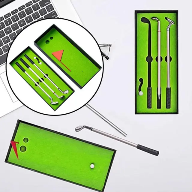 Golf Pen Set Mini Desktop Golf Ball Pen Gift Includes Putting Green 3 Clubs Pen