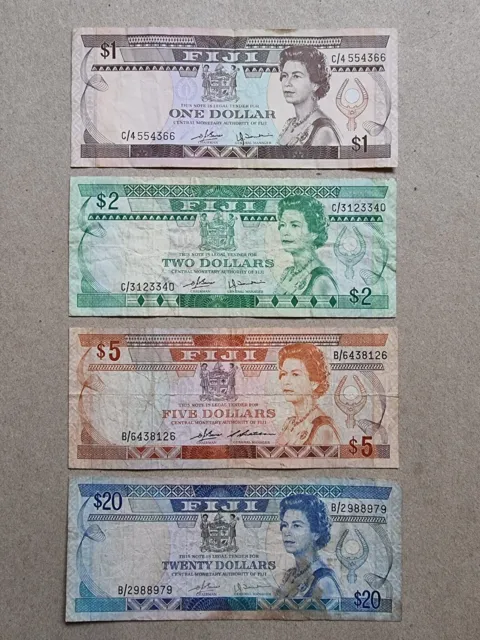 Fiji 1, 2, 5 & 20 dollars banknotes set of 4 - 1980 - 1986 notes QEII