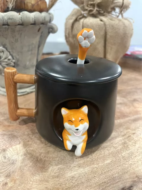 Ceramic Shiba Inu Mug with Lid Spoon Cute Dog Coffee Cup Mug