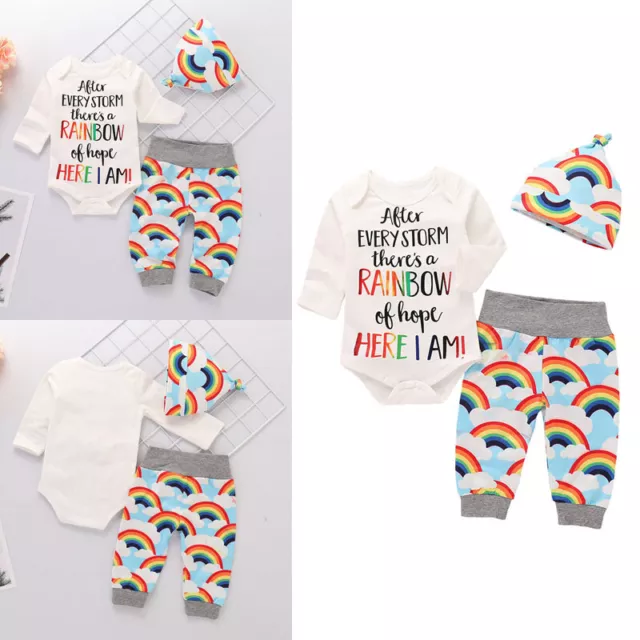 3PC Newborn Baby Girl Boy Rainbow Romper Tops Jumpsuit Pants Hat Outfits Clothes