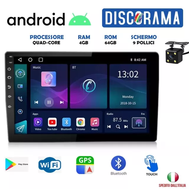 Autoradio Android 4Gb Ram 64Gb Rom 9 Pollici 2Din Stereo Auto Bluetooth Wifi Gps