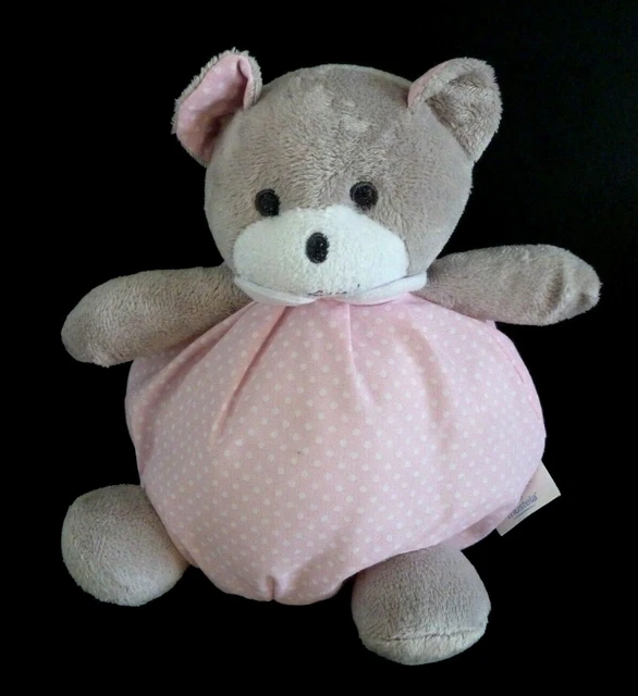 E5*. DOUDOU PELUCHE BOULE MUSTI MUSTELA OURS ROSE GRIS POIS BLANC 19cm - TBE