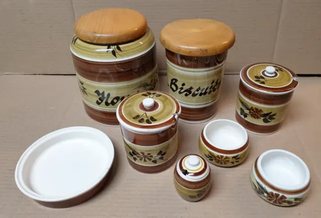 Toni Raymond Brown Stripe Kitchen Items Flour Biscuit Jars Lidded Condiment Pots
