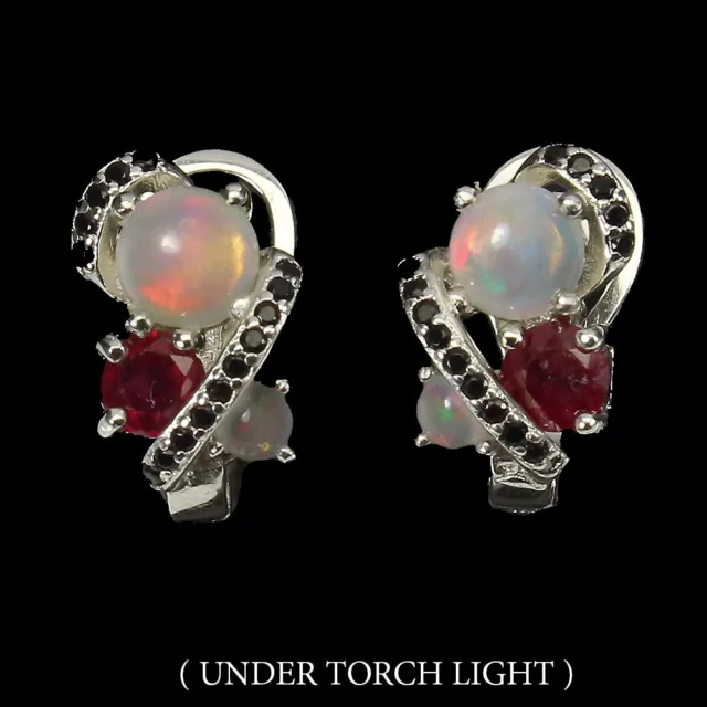 Unheated Round Fire Opal 5mm Black Spinel Ruby 925 Sterling Silver Earrings