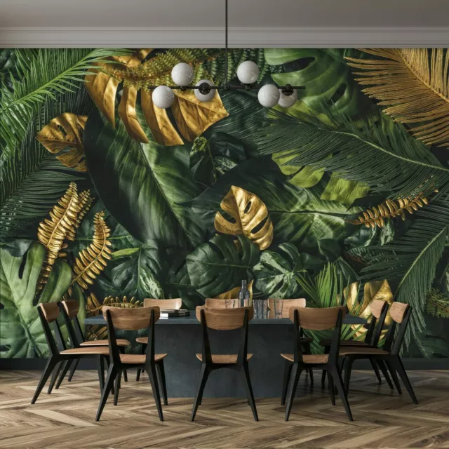 BLÄTTER GOLD GRÜN Vlies Fototapete Monstera Modern Wohnzimmer TAPETE XXL 368x254