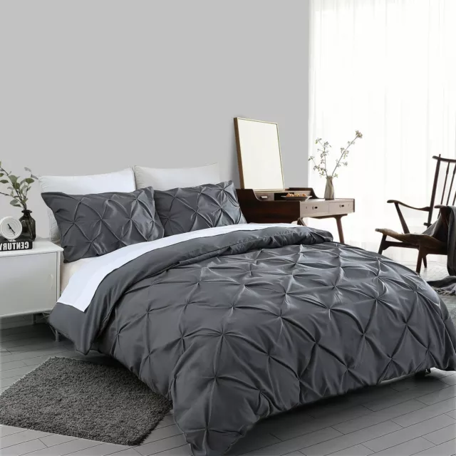 Charcoal Grey Pintuck Duvet Cover 100% Egyptian Cotton Bedding Sets Double King