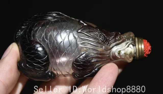 3.4" Old Chinese Dynasty Glaze Glass Fengshui Dragon Fish Beast Snuff Bottle