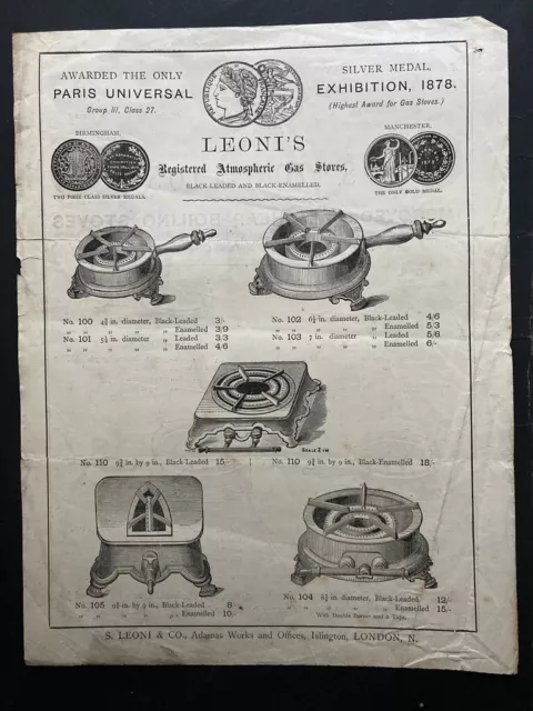 Victorian S Leoni's gas boiling stove  doublesided illustrated advertising sheet