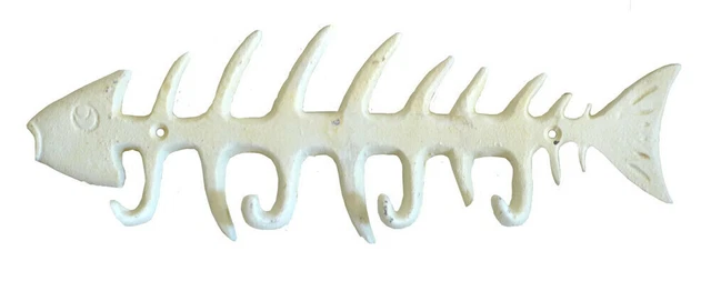 Mr Gecko Cast Iron Hand Made Wall 4 Hook Hanger Fish Bone Antique White