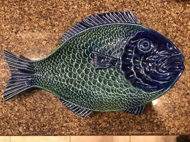 Hand-Painted Ceramic Blue/green Fish Platter, Portuguese Ceramic Platter NEW