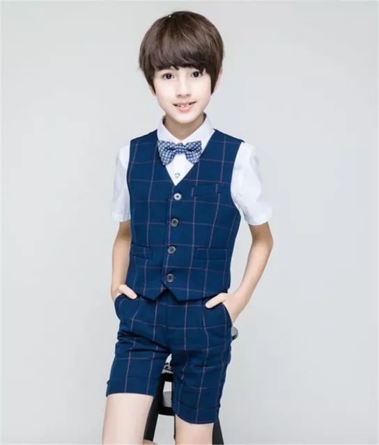 Page Boy Child Kid Party Wedding Navy Check Formal Vest Waistcoat Shorts Outfits