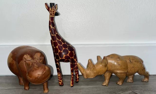 Hand Carved Wood Animal Figurines Hippopotamus Giraffe Rhinoceros Lot Of 3