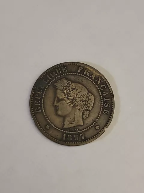1897 France 5 Centimes bronze coin.