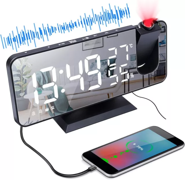 Radiosveglia Orologio Digitale da Comodino Sveglia con Proiettore 180° Radio FM