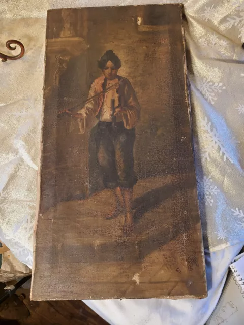 Antique 19th Century Oil on  Canvas "Boy playing Violin" Signed Q. Pianeta