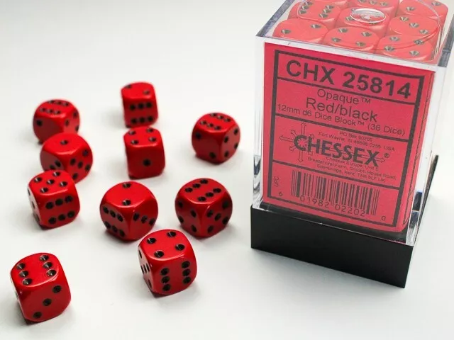 Chessex Opaco Rosso Con Nero 36 Dadi Set - 6 Laterale - 12mm d6 Dadi Blocco