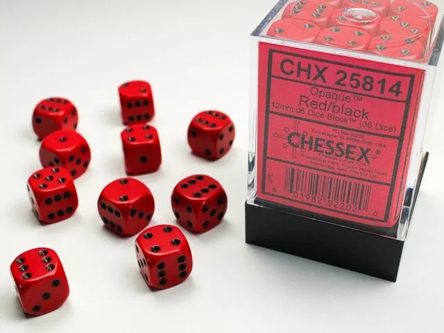 Chessex Opaque Red with Black 36 Dice Set - 6 Sided - 12mm d6 Dice Block