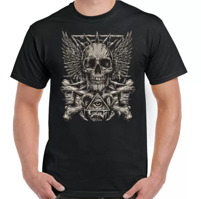 Heavy Metal Skull Mens Gothic T-Shirt Biker Tattoo Rock Music Guitar Angel Wings