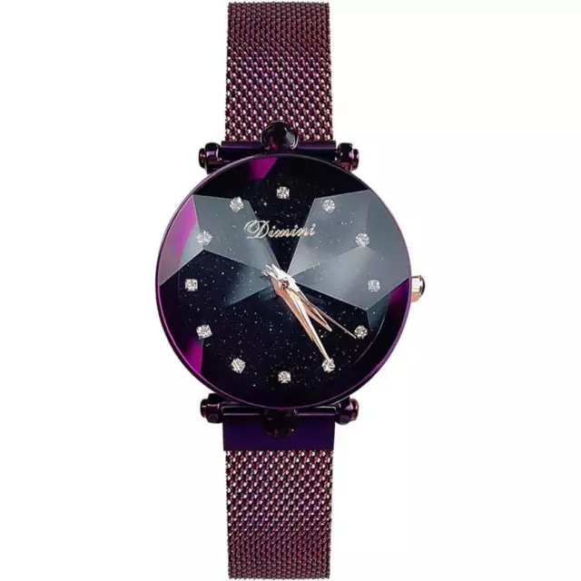 Damen Analog Quarzuhr 34mm Armbanduhren Mesh Armband 14mm Sternenhimmel Violett