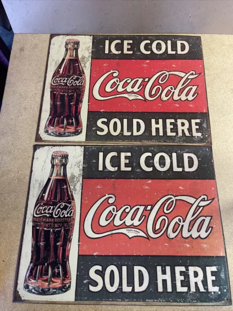 Qty X 2 =New "Ice Cold Coca Cola Sold Here" Reproduction of Vintage Metal Sign