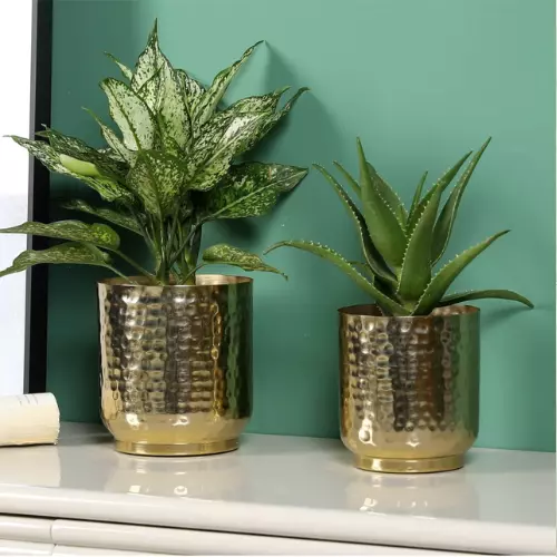 Hammered Brass-Tone Metal Planter Pot Cylindrical Succulent Planters Set of 2