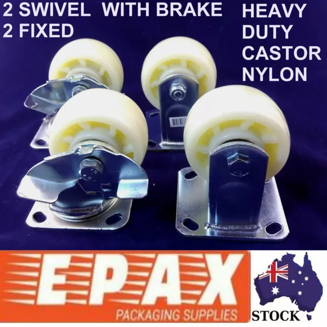 4X 4" Caster Castor 2 BRAKES 2 FIXED WHITE NYLON Wheels heavy duty Swivel Brake