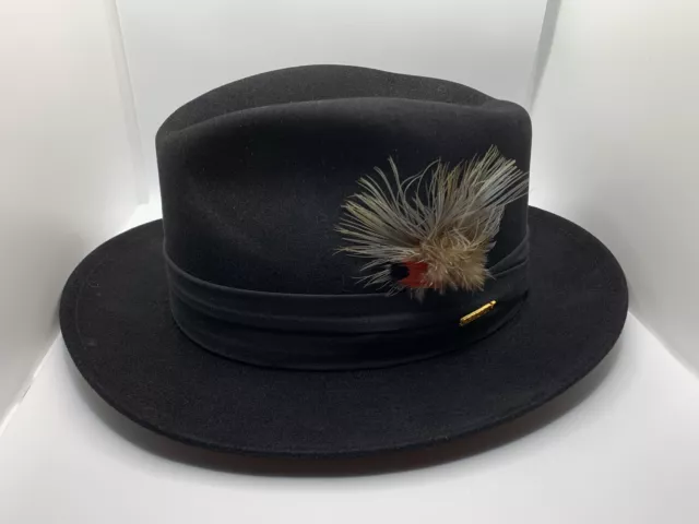 Vintage Royal Stetson Black  Fur Felt Fedora Hat Red Feather  Gold Pin Size 7