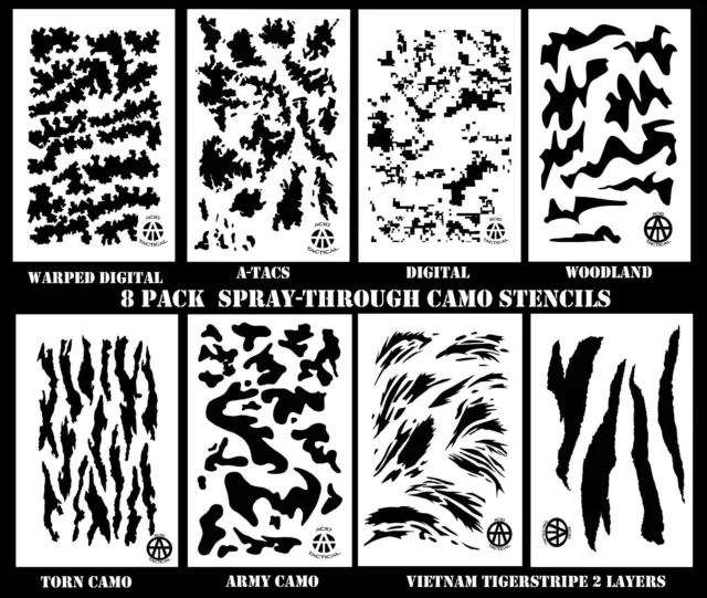 8 DESIGNS! Airbrush Camouflage Paint Stencils 14 10 Mil Gun Camo