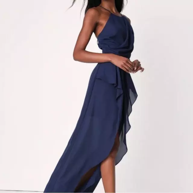 Lulu's "Ode to Elegance" Navy Blue Ruffle High Low Maxi Dress Size XS NWT