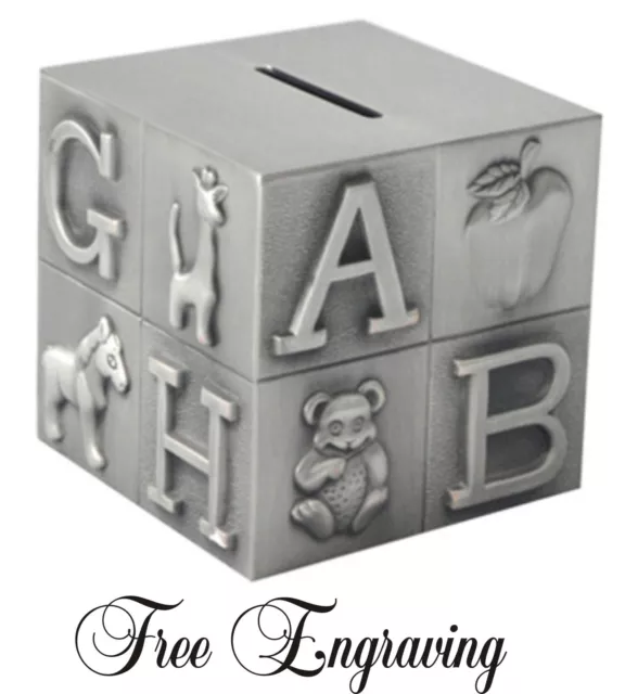 Personalized Baby Bank Block Pewter Finish Silver Engraved Free