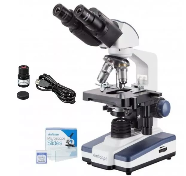 Amscope 40X-2000X Binocular LED Compound Microscope + 0.3MP Camera + 50 Slides