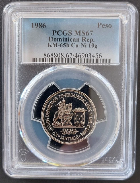 DOMINICAN REPUBLIC 1 PESO UNC COIN 1986 YEAR KM#65b GAMES PCGS MS67
