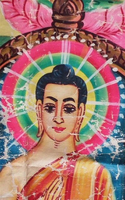 Antique Cambodian Buddhist Canvas Oil Painting Buddha Temple Wall hanging