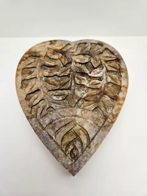 Carved Stone Etched Leaf Design Handmade Heart Shaped Trinket Jewelry Box w/Lid