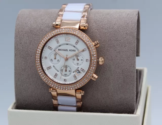 New Authentic Michael Kors Parker Rose Gold White Chronograph Women Mk5774 Watch